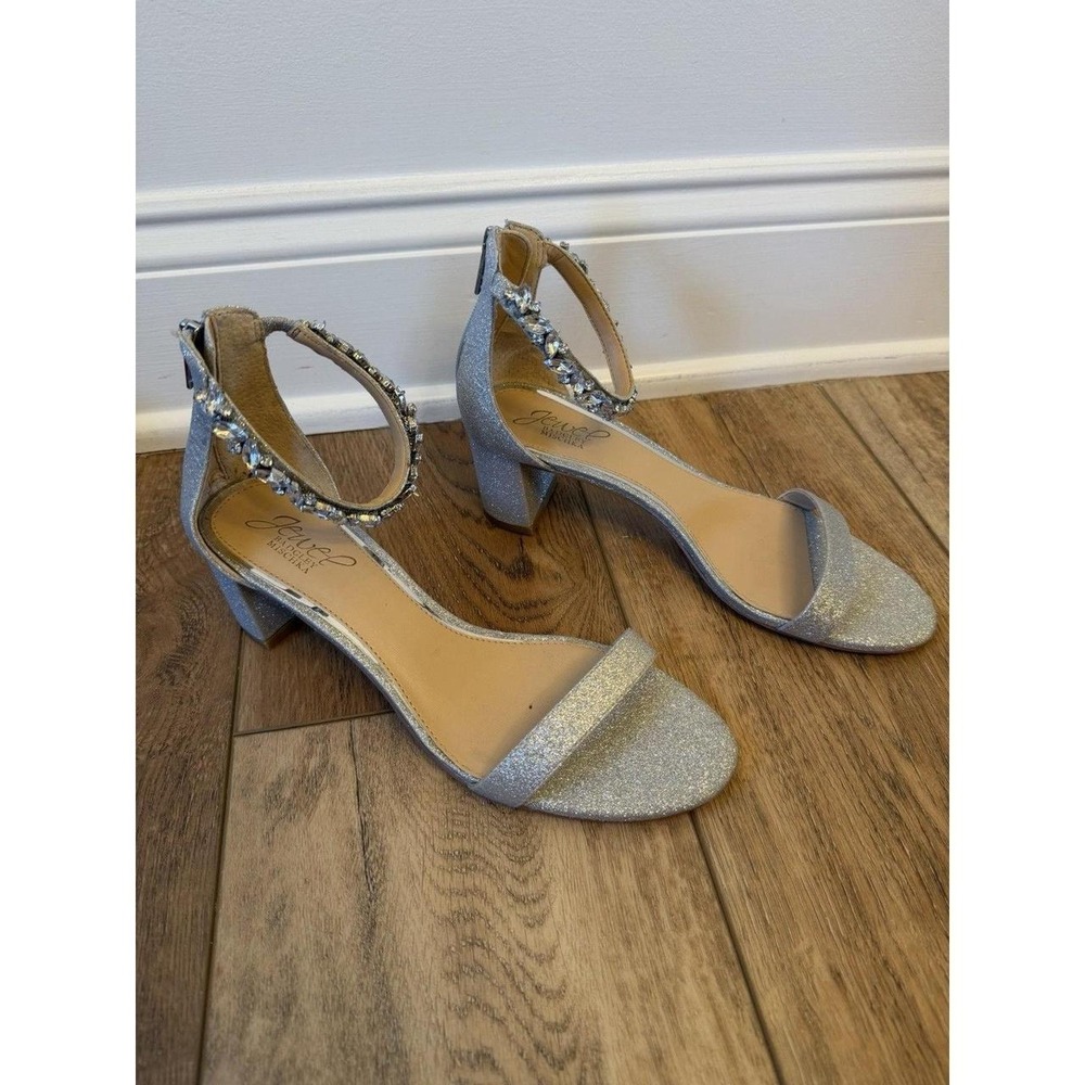 Jewel Badgley Mischka Catalina Sandals Womens 8 Silver Excellent Crystal Heel - Picture 2 of 8